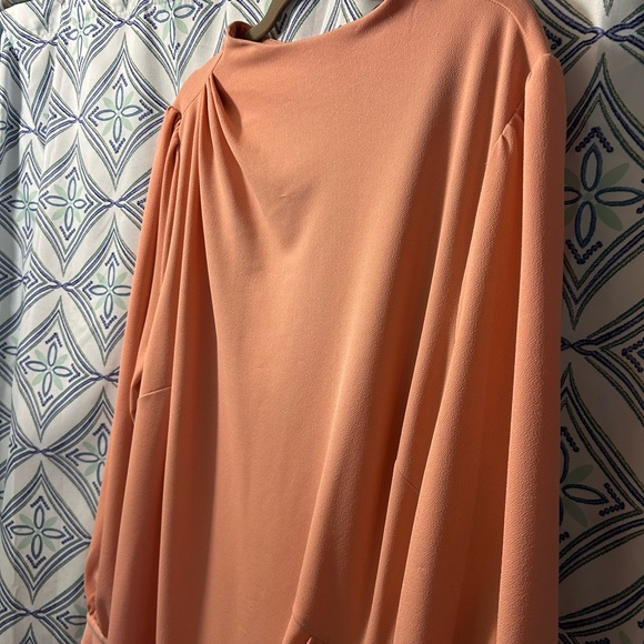 Eloquii Soft Coral Long Sleeve Dress with Ruching, Long Bell Sleeves EUC - Picture 2 of 8